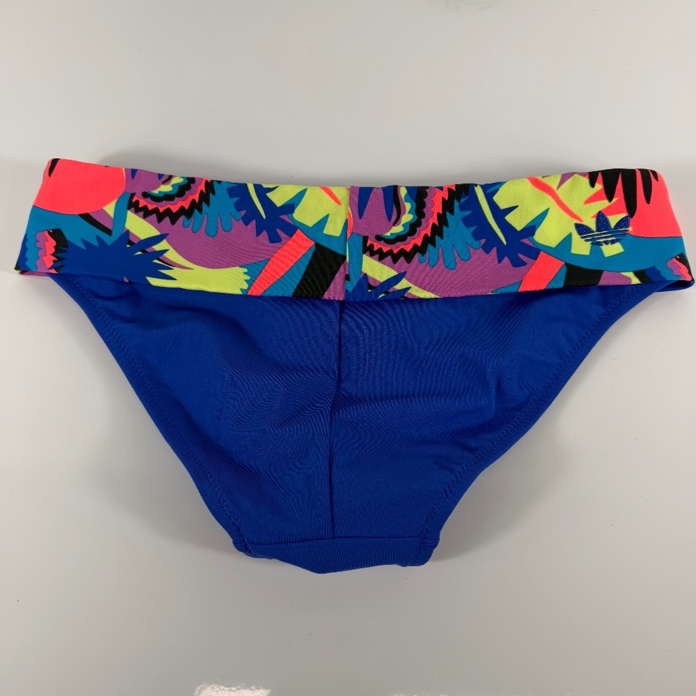 Adidas Tropical Print Turn Down Waist Beach Swim Blue Bikini Bottom Size M